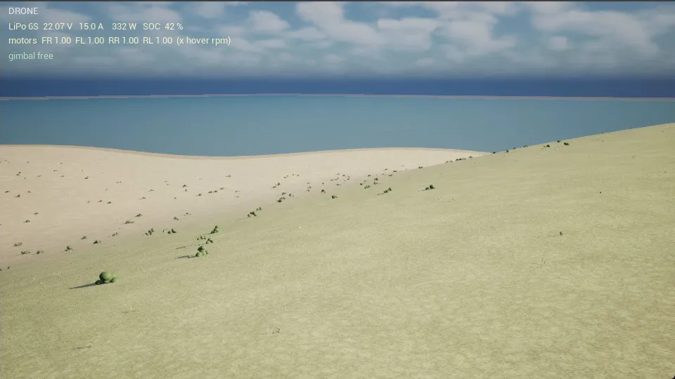 Blick aus der Drohne beim langsamen Kreis auf dem Dünenkamm, im Hintergrund das Meer, HUD mit Akkuzustand und Schwebedrehzahl