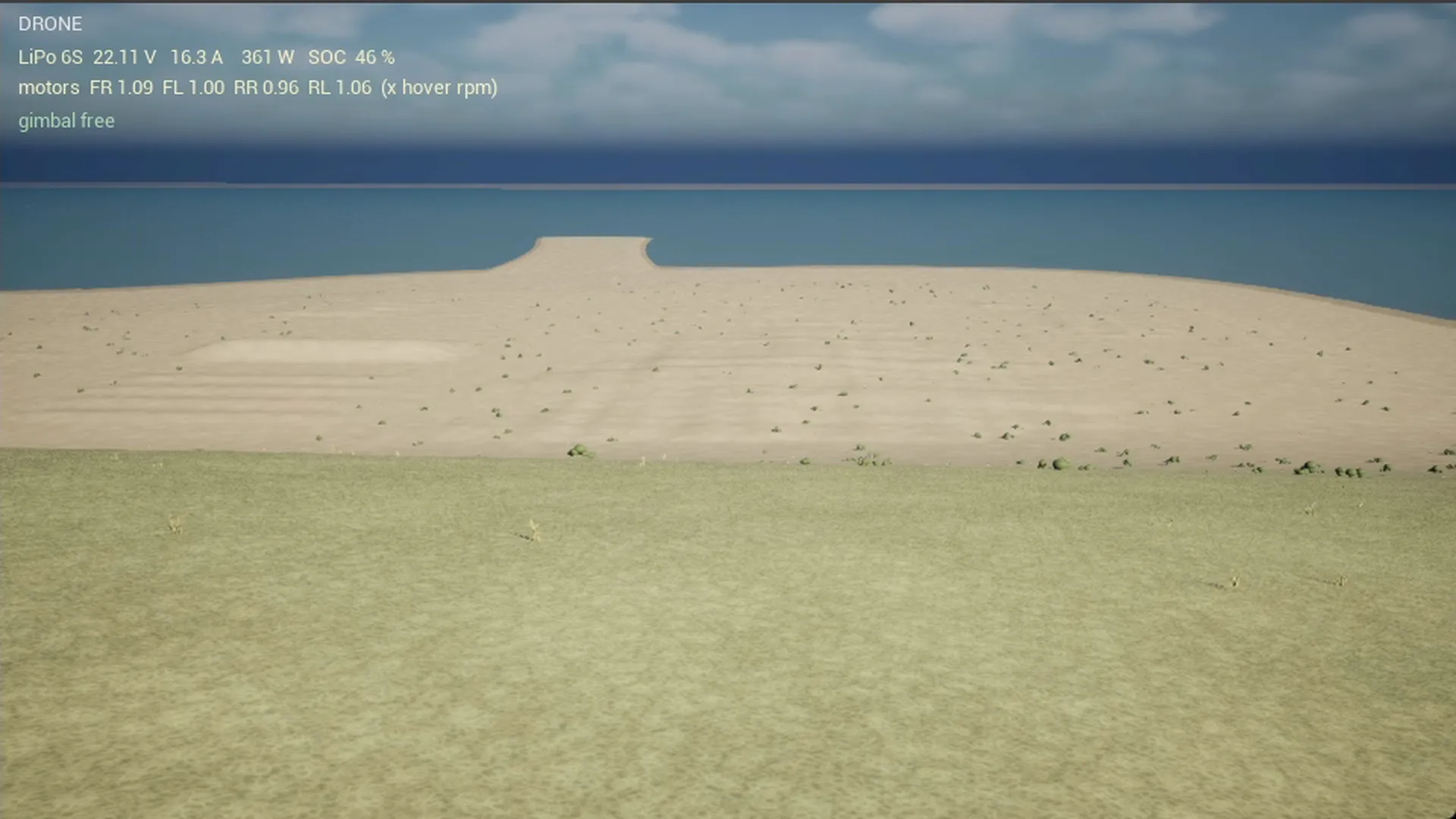 Die Drohne im Tiefflug über dem Sand, auf dem Weg zum Dünenkamm