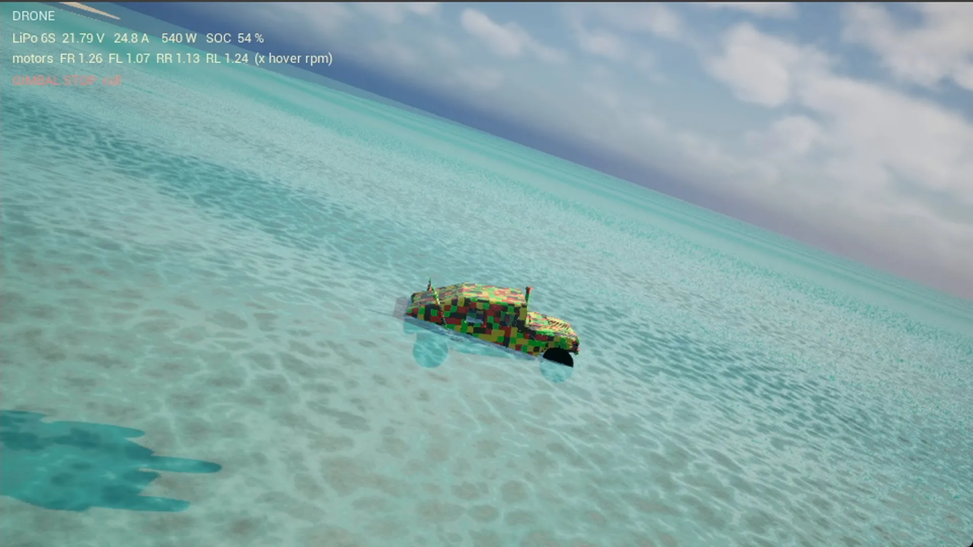 Das schwimmende Fahrzeug aus der Drohne, kurz vor ihrem Abflug